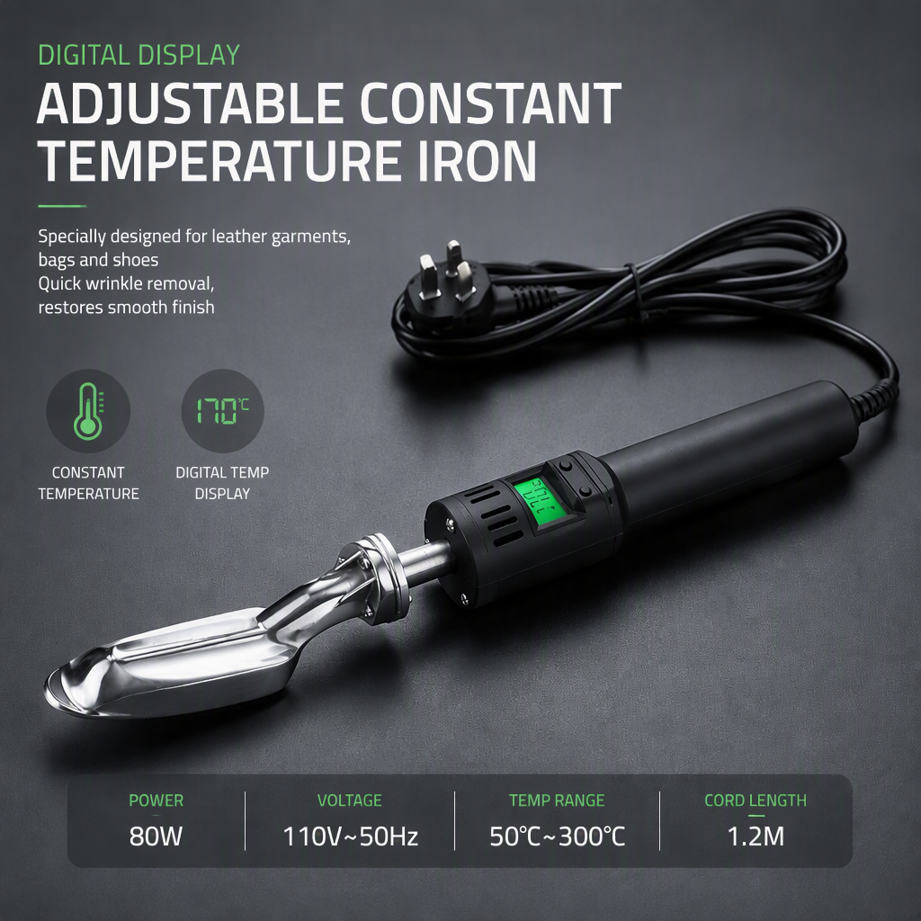 Digital Temperature Control Leather Iron, 80W Electric Leather Wrinkle Remover with Stainless Steel Tip, 50‑300°C Adjustable Heat for Leather Garments & Leather Goods